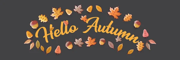 Vector hello autumn horizontal banner or label with text and falling autumn leaves on grey horizontal background. Cartoon hello autumn poster, flyer or banner — Stock Vector