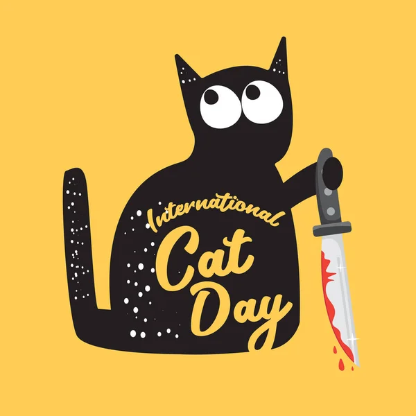 Banner funky dia internacional gato com gato preto segurando faca sangrenta isolado no fundo laranja. Dia mundial do gato ilustração conceito funky — Vetor de Stock