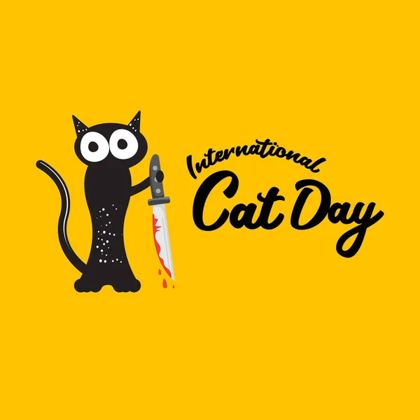 Banner funky dia internacional gato com gato preto segurando faca sangrenta isolado no fundo laranja. Dia mundial do gato ilustração conceito funky — Vetor de Stock