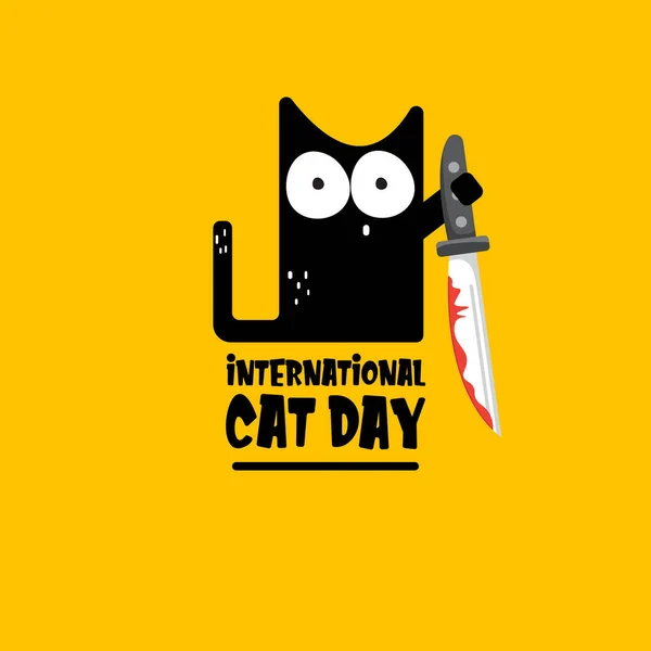 Banner funky del día internacional del gato con gato negro sosteniendo un cuchillo ensangrentado aislado sobre fondo naranja. World cat day funky concepto ilustración — Archivo Imágenes Vectoriales