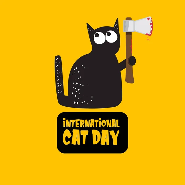 Banner funky del día internacional del gato con gato negro sosteniendo un cuchillo ensangrentado aislado sobre fondo naranja. World cat day funky concepto ilustración — Archivo Imágenes Vectoriales