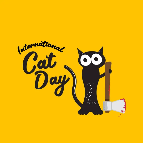 Banner funky del día internacional del gato con gato negro sosteniendo un cuchillo ensangrentado aislado sobre fondo naranja. World cat day funky concepto ilustración — Archivo Imágenes Vectoriales