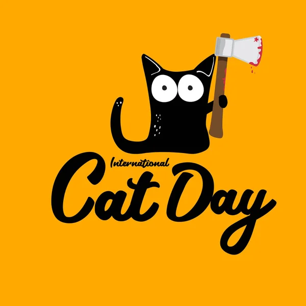 Banner funky del día internacional del gato con gato negro sosteniendo un cuchillo ensangrentado aislado sobre fondo naranja. World cat day funky concepto ilustración — Archivo Imágenes Vectoriales