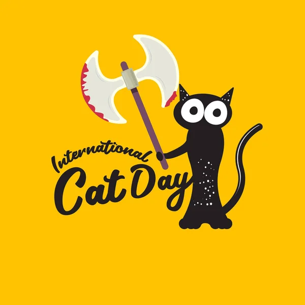 Banner funky del día internacional del gato con gato negro sosteniendo un cuchillo ensangrentado aislado sobre fondo naranja. World cat day funky concepto ilustración — Archivo Imágenes Vectoriales