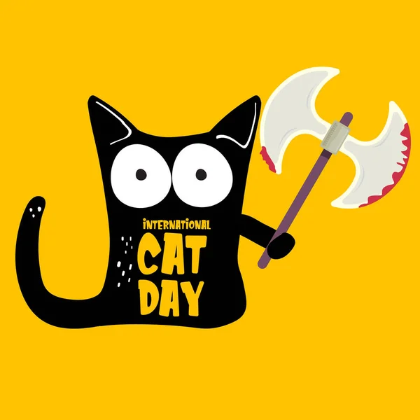 Banner funky del día internacional del gato con gato negro sosteniendo un cuchillo ensangrentado aislado sobre fondo naranja. World cat day funky concepto ilustración — Archivo Imágenes Vectoriales