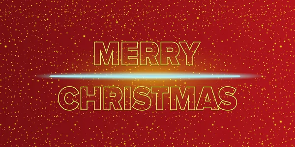 Merry Christmas horizontal banner with neon greeting text on red Christmas background. Merry Christmas flyer, card or invitation with starry space and text — Stockvektor