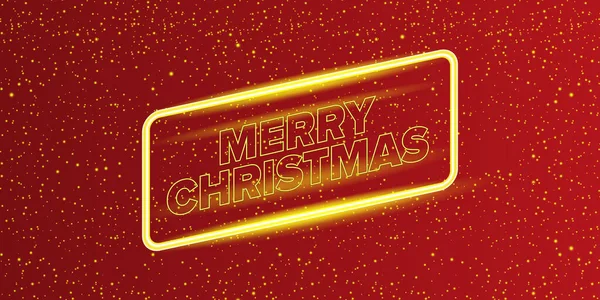 Merry Christmas horizontal banner with neon greeting text on red Christmas background. Merry Christmas flyer, card or invitation with starry space and text — Stockvektor