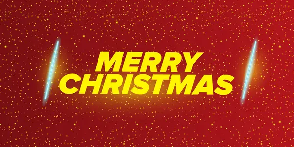 Merry Christmas horizontal banner with neon greeting text on red Christmas background. Merry Christmas flyer, card or invitation with starry space and text — Vector de stock
