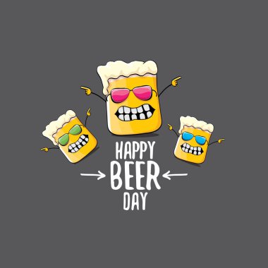 International beer day vector concept illustration or summer poster with vector funky beer character. Cartoon funny International beer day label