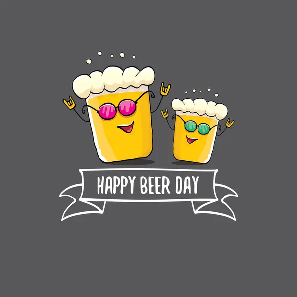 Ilustración del concepto del vector del día internacional de la cerveza o cartel de verano con carácter de cerveza funky vector. Dibujos animados divertido etiqueta Día Internacional de la cerveza — Archivo Imágenes Vectoriales