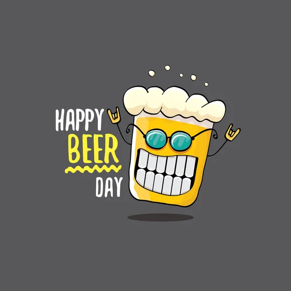 Illustration du concept vectoriel de la journée internationale de la bière ou affiche estivale avec personnage vectoriel de bière funky. Dessin animé drôle Journée internationale de la bière étiquette — Image vectorielle