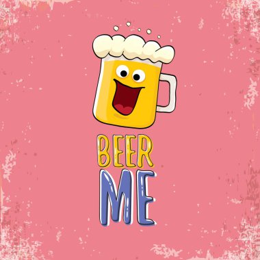 Bira ME vektör illüstrasyonu ya da yaz posteri. Tee 'de yazan komik sloganı olan garip bira karakteri vektörü. Uluslararası bira günü veya sloganlı Ekim Festivali etiketi