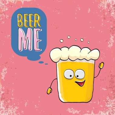 Bira ME vektör illüstrasyonu ya da yaz posteri. Tee 'de yazan komik sloganı olan garip bira karakteri vektörü. Uluslararası bira günü veya sloganlı Ekim Festivali etiketi