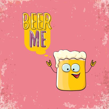 Bira ME vektör illüstrasyonu ya da yaz posteri. Tee 'de yazan komik sloganı olan garip bira karakteri vektörü. Uluslararası bira günü veya sloganlı Ekim Festivali etiketi