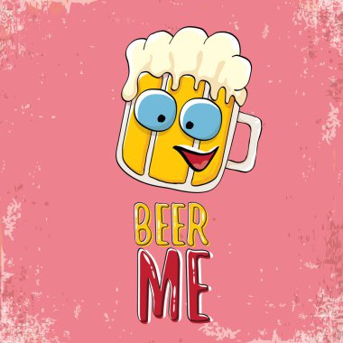 Bira ME vektör illüstrasyonu ya da yaz posteri. Tee 'de yazan komik sloganı olan garip bira karakteri vektörü. Uluslararası bira günü veya sloganlı Ekim Festivali etiketi