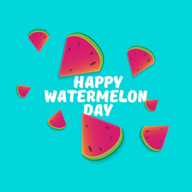 Turkuaz arka planda izole edilmiş bir dilim karpuz dilimli mutlu karpuz günü tebrik kartı. Sosyal medya için karpuz günü posteri veya afişi