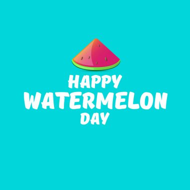 Turkuaz arka planda izole edilmiş bir dilim karpuz dilimli mutlu karpuz günü tebrik kartı. Sosyal medya için karpuz günü posteri veya afişi