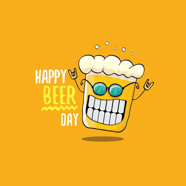 Mezinárodní pivní den vektorový koncept ilustrace nebo letní plakát s vektorem funky charakter piva na oranžovém pozadí. Cartoon funny Mezinárodní pivní den label — Stockový vektor