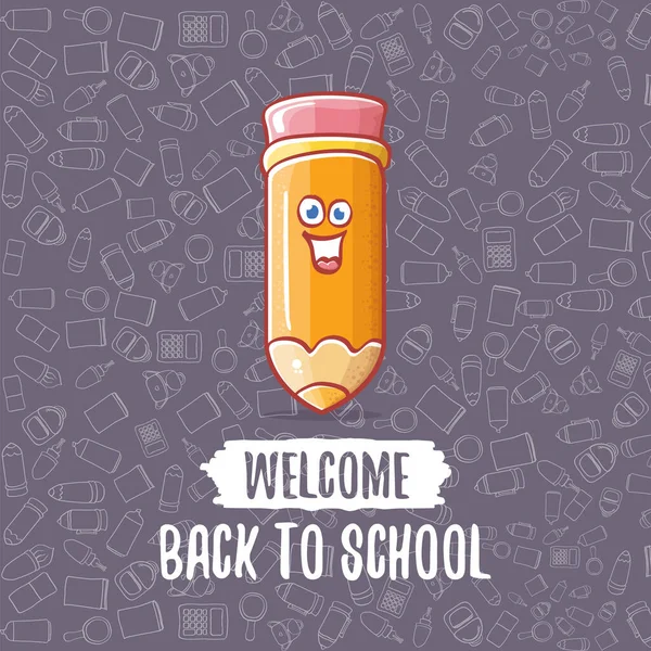 Back to school banner or poster with cartoon funky pencil and hand drawn doodle text label on grey doodle pattern background. Vector back to school background with cartoon school supplies — Stock Vector