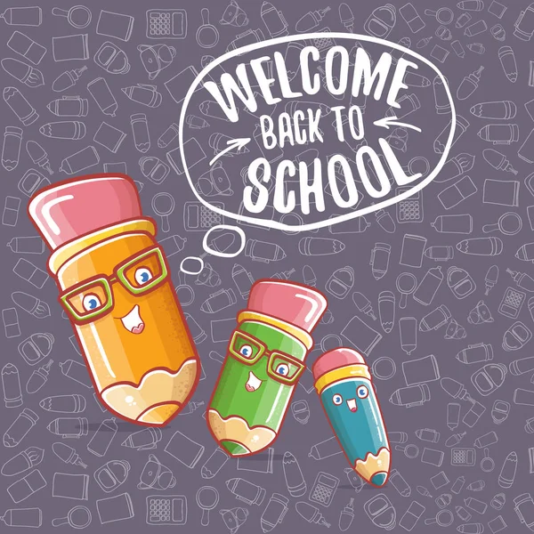 Torna a scuola banner o poster con cartone animato matita funky e disegnato a mano doodle etichetta di testo su sfondo grigio modello doodle. Vettore torna a scuola sfondo con cartoni animati scuola forniture — Vettoriale Stock