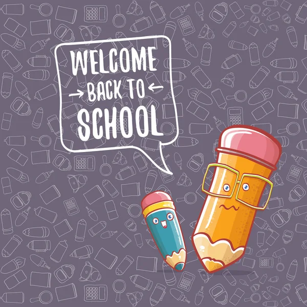 Back to school banner or poster with cartoon funky pencil and hand drawn doodle text label on grey doodle pattern background. Vector back to school background with cartoon school supplies — Stock Vector