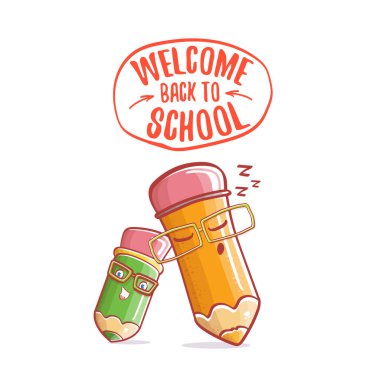 Okul afişine ya da beyaz arka planda izole edilmiş karikatür, kalem ve el çizimi metin etiketli posterine geri dön. Çizgi film okul malzemeleriyle okula geri dön.