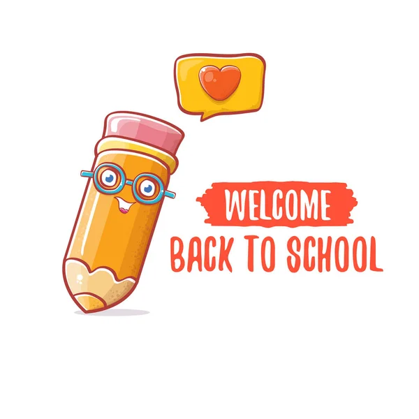 Back to school banner or poster with cartoon funky pencil and hand drawn doodle text label isolated on white backdrop. Vector back to school background with cartoon school supplies — Stock Vector