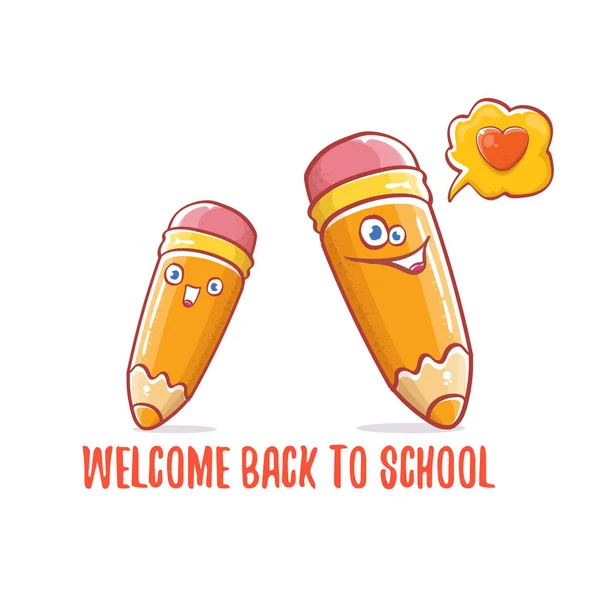 Back to school banner or poster with cartoon funky pencil and hand drawn doodle text label isolated on white backdrop. Vector back to school background with cartoon school supplies — Stock Vector