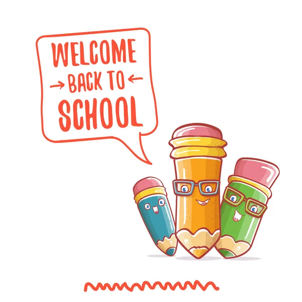 Back to school banner or poster with cartoon funky pencil and hand drawn doodle text label isolated on white backdrop. Vector back to school background with cartoon school supplies — Stock Vector
