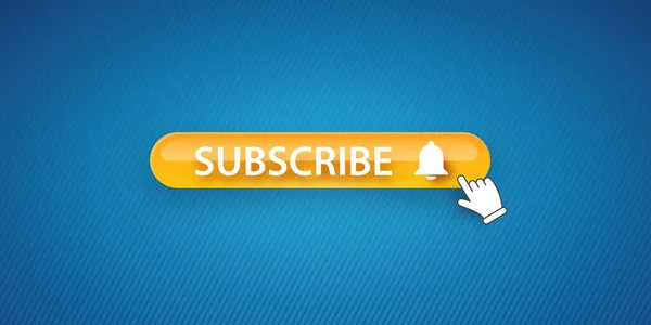 Bouton d'abonnement orange avec cloche isolée sur fond bleu. Abonnez-vous modèle de conception de bannière avec brillant Abonnez-vous vidéo ou bouton de canal et la main — Image vectorielle