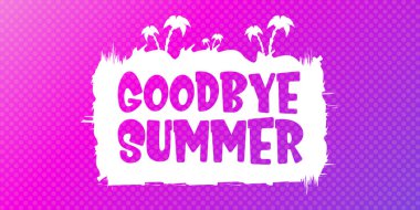 Beyaz elveda yaz vektörü konsepti metin etiketi ya da menekşe yatay arka plandaki çıkartma. Elveda yaz konsepti çizimi