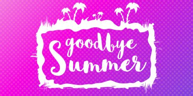 Beyaz elveda yaz vektörü konsepti metin etiketi ya da menekşe yatay arka plandaki çıkartma. Elveda yaz konsepti çizimi