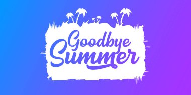 Beyaz elveda yaz vektörü konsepti metin etiketi ya da mavi yatay arkaplandaki çıkartma. Elveda yaz konsepti çizimi