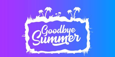 Beyaz elveda yaz vektörü konsepti metin etiketi ya da mavi yatay arkaplandaki çıkartma. Elveda yaz konsepti çizimi