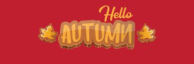 vektör merhaba sonbahar yatay afişi veya kırmızı yatay arkaplan üzerinde metin ve düşen sonbahar yapraklı etiketi. Çizgi film Merhaba sonbahar posteri, broşür ya da afiş