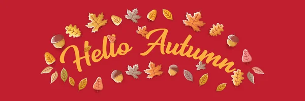 Vector hello autumn horizontal banner or label with text and falling autumn leaves on red horizontal background. Cartoon hello autumn poster, flyer or banner — Stock Vector