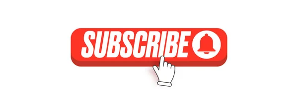 Flat subscribe knop met ring bel geïsoleerd op witte achtergrond. Abonneer banner design sjabloon met rood plat Abonneer video of kanaal knop en hand. — Stockvector