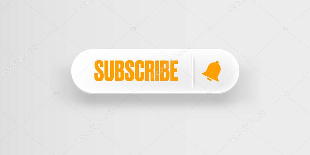 PrintWhite paper subscribes button with ring bell isolated on stylish grey background. Subscribe banner template with white paper Subscribe video channel button