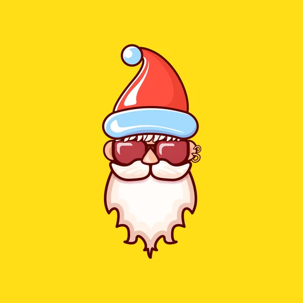 Cabeza de Santa Claus con sombrero rojo de Santa y gafas de sol hipster aisladas sobre fondo amarillo navideño. Etiqueta de Santa o diseño de pegatina — Vector de stock