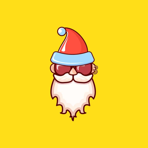 Cabeza de Santa Claus con sombrero rojo de Santa y gafas de sol hipster aisladas sobre fondo amarillo navideño. Etiqueta de Santa o diseño de pegatina — Vector de stock