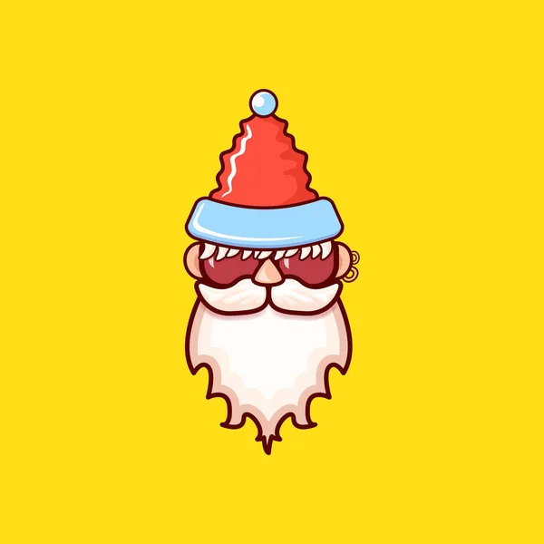 Tête de Père Noël avec chapeau rouge Père Noël et lunettes de soleil hipster isolées sur fond jaune Noël. Étiquette ou autocollant Santa design — Image vectorielle