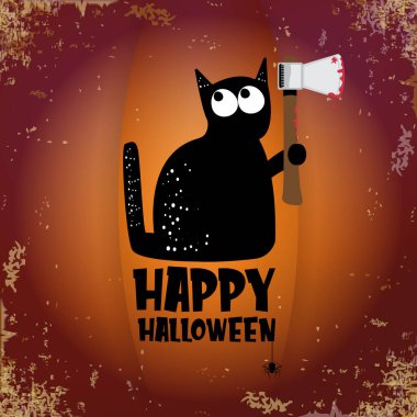 Cadılar bayramı tebrik kartı ya da elinde grunge turuncu arka planda izole edilmiş siyah kedi bıçağı olan afiş. Elinde kanlı bir bıçak tutan komik cadılar bayramı kara kedisi. Cadılar Bayramı tasviri