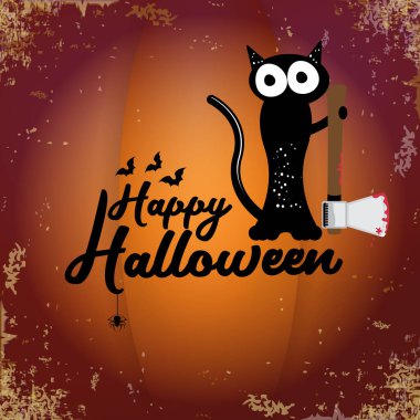 Cadılar bayramı tebrik kartı ya da elinde grunge turuncu arka planda izole edilmiş siyah kedi bıçağı olan afiş. Elinde kanlı bir bıçak tutan komik cadılar bayramı kara kedisi. Cadılar Bayramı tasviri