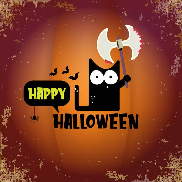 Happy halloween Grußkarte oder Banner mit schwarzer Katze mit Messer auf orangefarbenem Grunge-Hintergrund. Lustige schwarze Halloween-Katze mit einem blutigen Messer. Illustration zum Halloween-Konzept — Stockvektor