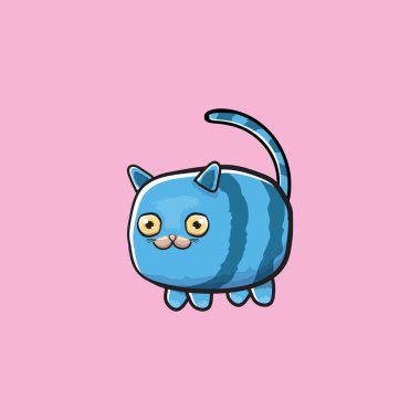 Kawaii sevimli mavi kedi pembe arka planda izole edilmiş. Çizgi film mutlu mavi yavru kedicik büyük gözlü