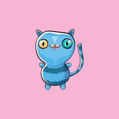 Kawaii sevimli mavi kedi pembe arka planda izole edilmiş. Çizgi film mutlu mavi yavru kedicik büyük gözlü