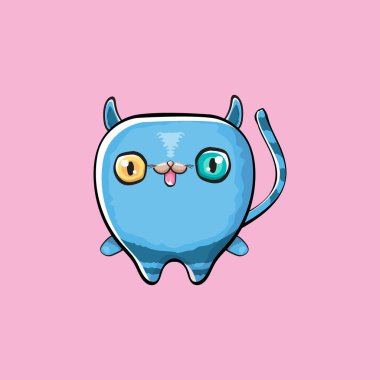 Kawaii sevimli mavi kedi pembe arka planda izole edilmiş. Çizgi film mutlu mavi yavru kedicik büyük gözlü