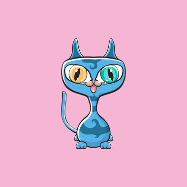 Kawaii sevimli mavi kedi pembe arka planda izole edilmiş. Çizgi film mutlu mavi yavru kedicik büyük gözlü