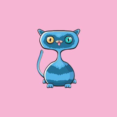 Kawaii sevimli mavi kedi pembe arka planda izole edilmiş. Çizgi film mutlu mavi yavru kedicik büyük gözlü