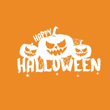 Mutlu Cadılar Bayramı Bayrağı, tebrik kartı ya da arka planı turuncu soyut arka planda izole edilmiş korkutucu balkabağı etiketli Vektör Beyaz Cadılar Bayramı.